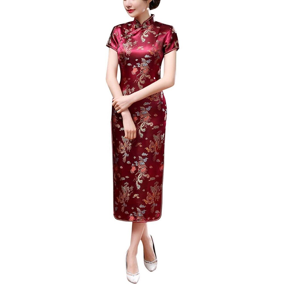 8477 Vintage Short Sleeve Maxi Cheongsam Print High Slit Side Traditional